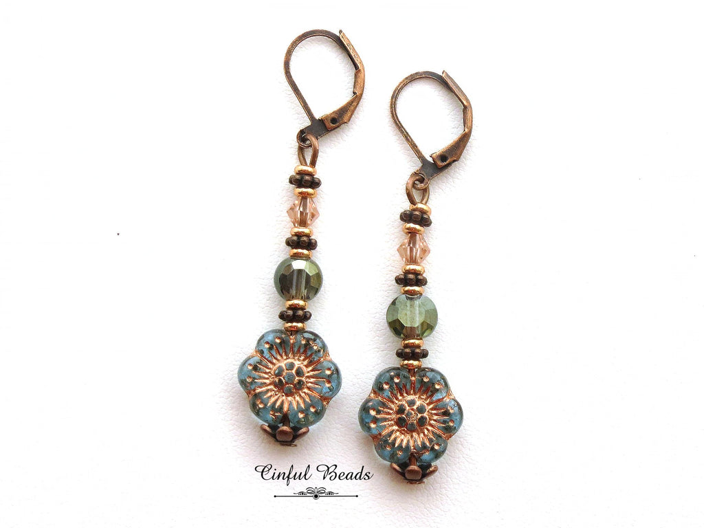 Antique Copper Boho Earrings - Transparent Aqua and Rose Dangle Earrings -Lightweight Flower Earrings with Matching Necklace